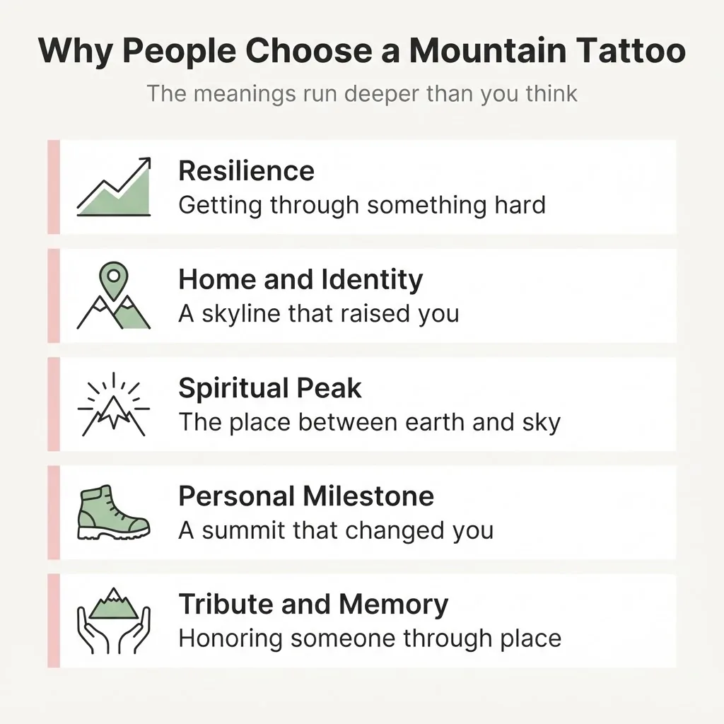 Flat minimalist infographic showing mountain tattoo symbolism categories including resilience, home and identity, spiritual peak, and personal milestone with clean icons.
