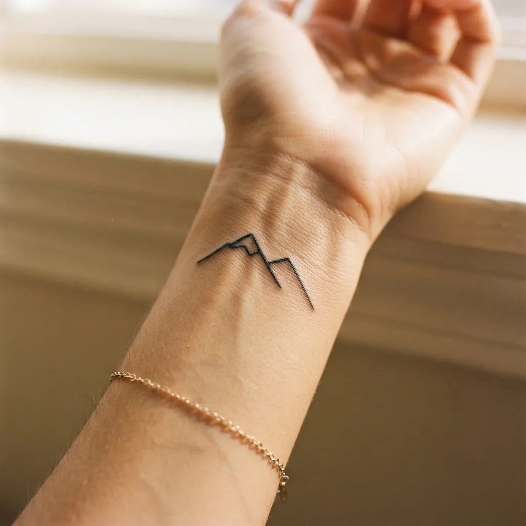 Close-up of a healed minimalist mountain silhouette tattoo on a woman's wrist, clean black ink single-line ridgeline against warm natural skin in soft window light.