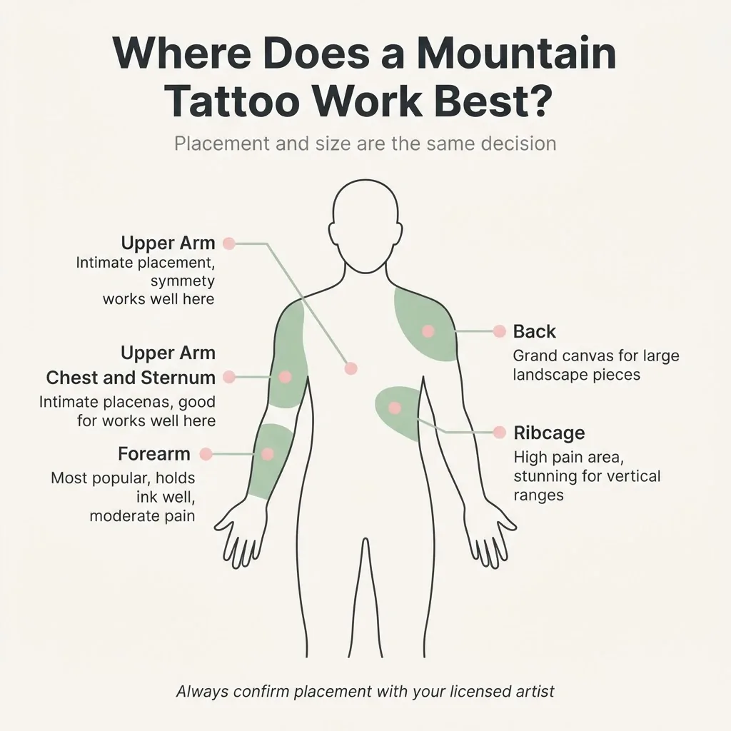 Flat minimalist infographic showing mountain tattoo placement options on a body outline diagram with sizing notes for forearm, upper arm, chest, back, and ribcage placements.
