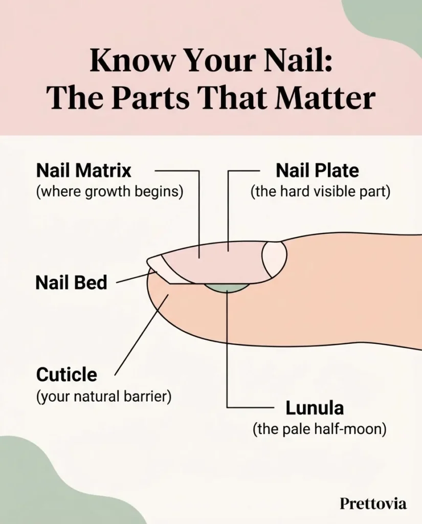 Flat vector diagram of fingernail anatomy labeling the nail matrix, nail plate, nail bed, cuticle, and lunula with clean sans-serif text on a soft blush background.