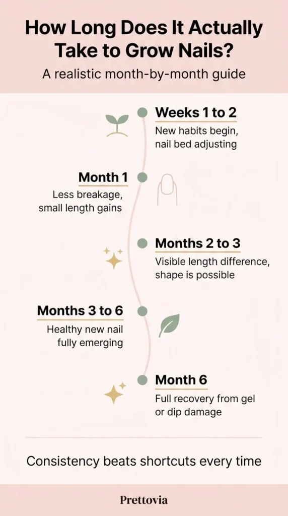 Flat vector infographic showing a month-by-month nail growth timeline from week one through month six with milestone callouts and encouraging labels on a blush and ivory background.