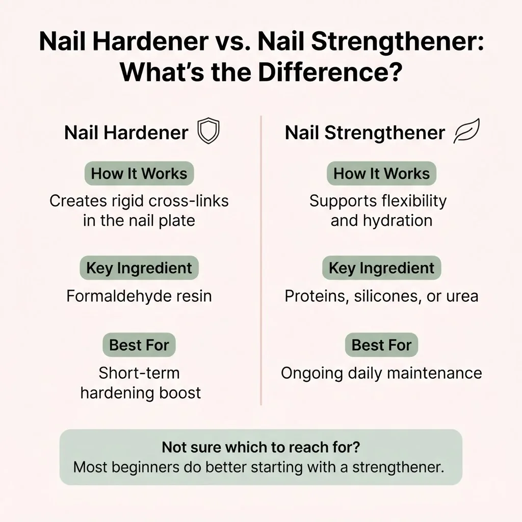 Flat vector infographic comparing nail hardener and nail strengthener side by side with labeled ingredient differences, how each works, and when to use each type, in a soft feminine pink and cream palette.