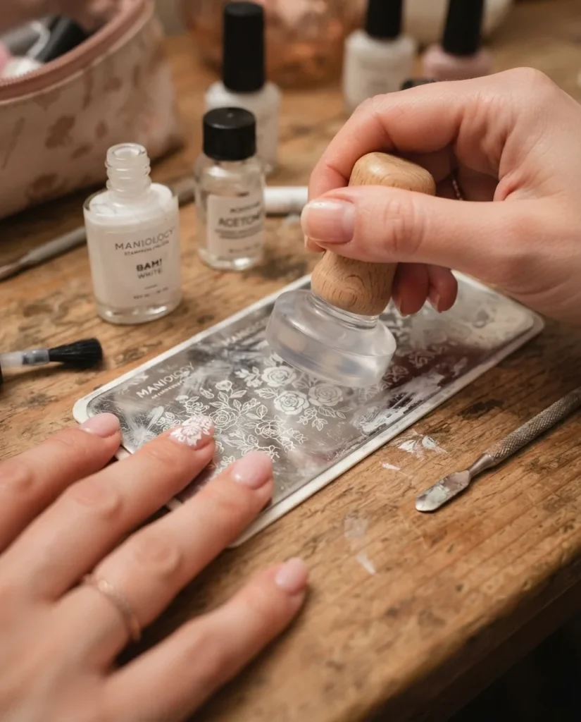 In-progress close-up of a floral nail stamping technique showing a metal stamping plate with flower designs, a stamper tool pressed against the plate, and one freshly stamped floral nail visible on a fair skin tone hand.