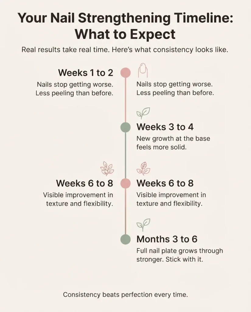 Flat vector timeline infographic showing the expected stages of nail strengthening progress from week two through month six, with milestone markers and encouraging labels, minimalist design in soft blush and sage tones.