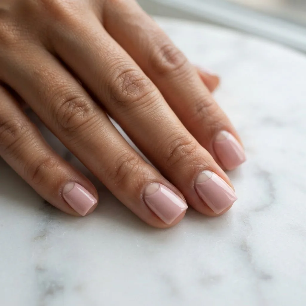 Close-up of a finished negative space half-moon minimalist manicure on short square nails with a soft blush tip and bare lunula, natural light on medium olive skin tones.