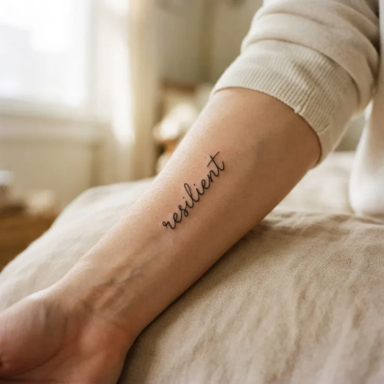 A close-up of a healed fine-line script word tattoo on a woman's inner forearm, photographed in soft natural window light against warm skin.