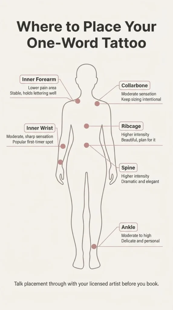 A flat minimalist infographic body silhouette diagram showing popular one-word tattoo placement zones with general pain level context and sizing notes for each area.