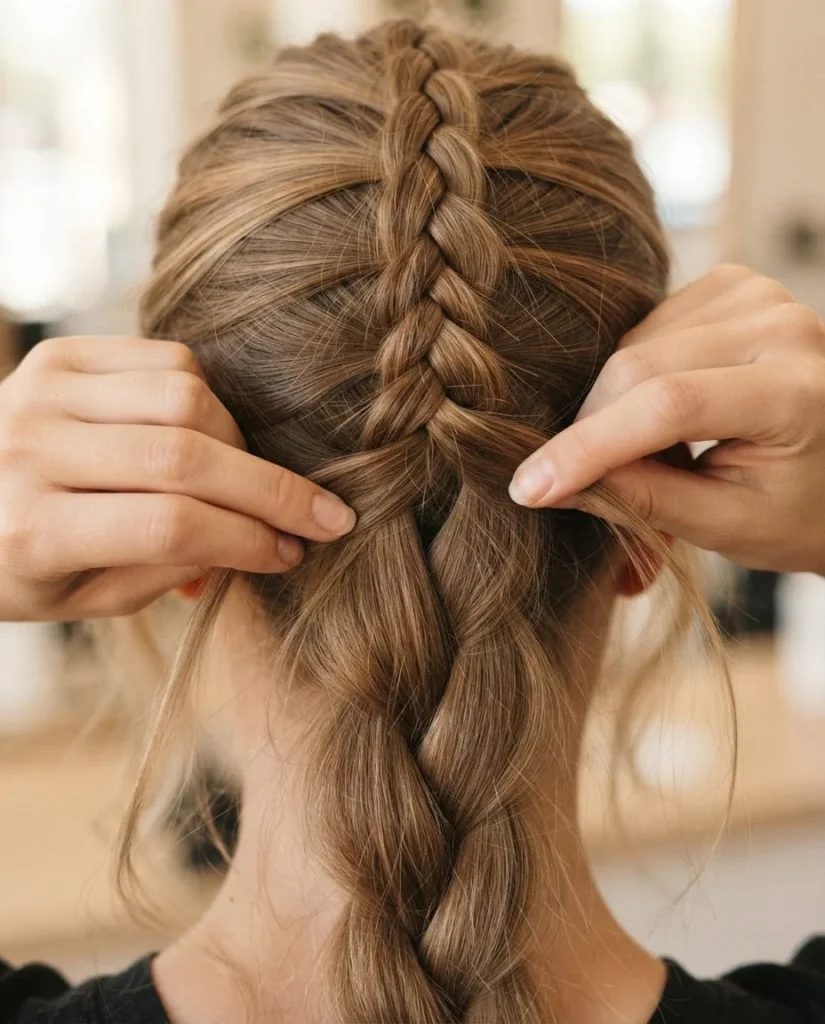 A step-by-step close-up diagram showing the pancaking braid technique on fine thin hair, with hands gently pulling each braid loop outward to create a fuller wider braid appearance.