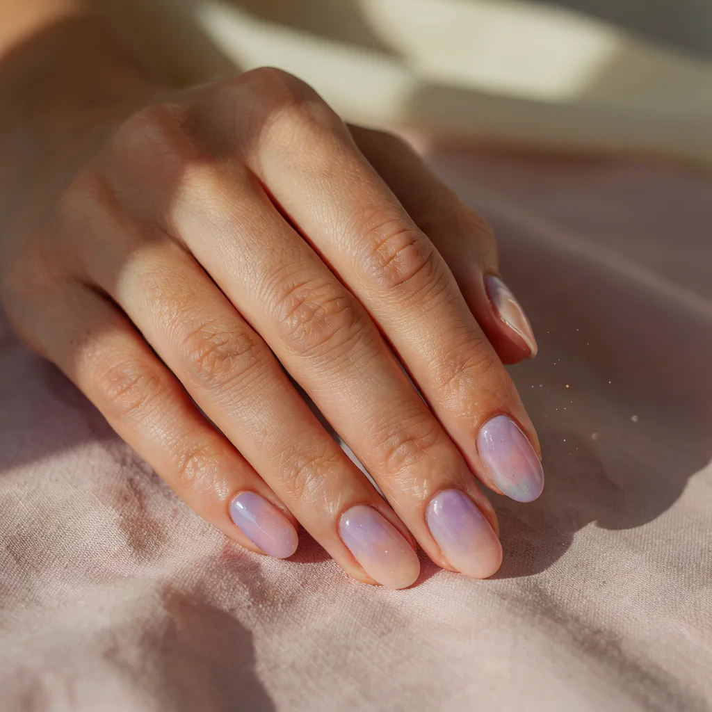 Macro close-up of finished pastel aura Easter nails on medium brown skin showing a soft lavender and pink halo blended effect on almond-shaped natural nails.