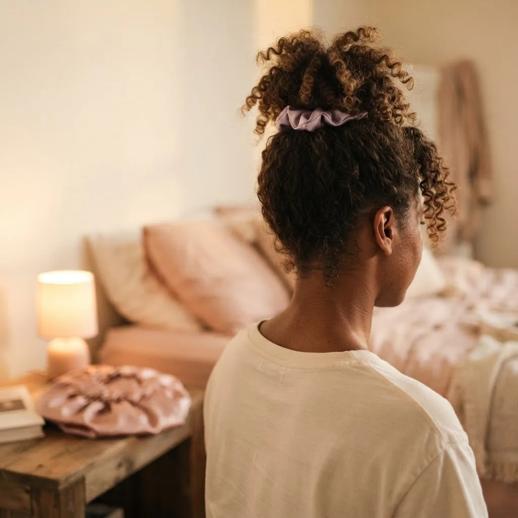 Close-up of a woman with loose curly hair in a high pineapple bun secured with a satin scrunchie beside a satin bonnet on a bedside surface, showing overnight curl protection setup.