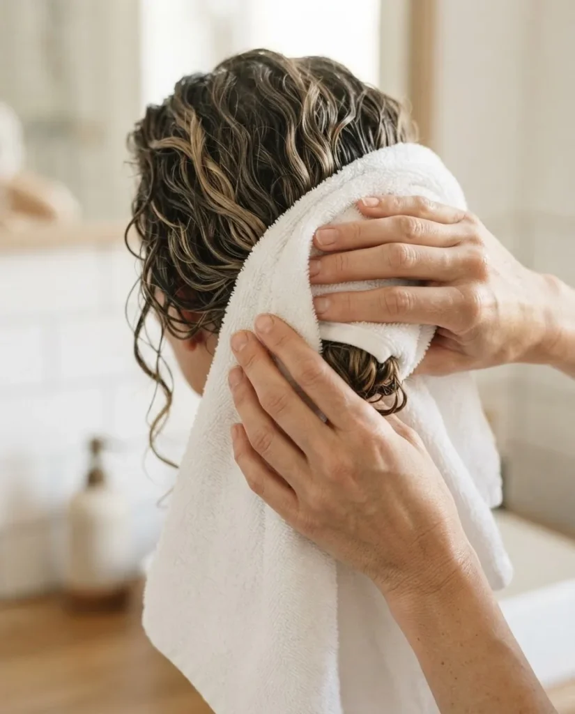 Close-up of hands wrapping freshly washed wavy hair in a white microfiber towel using the plopping technique to set wave definition.