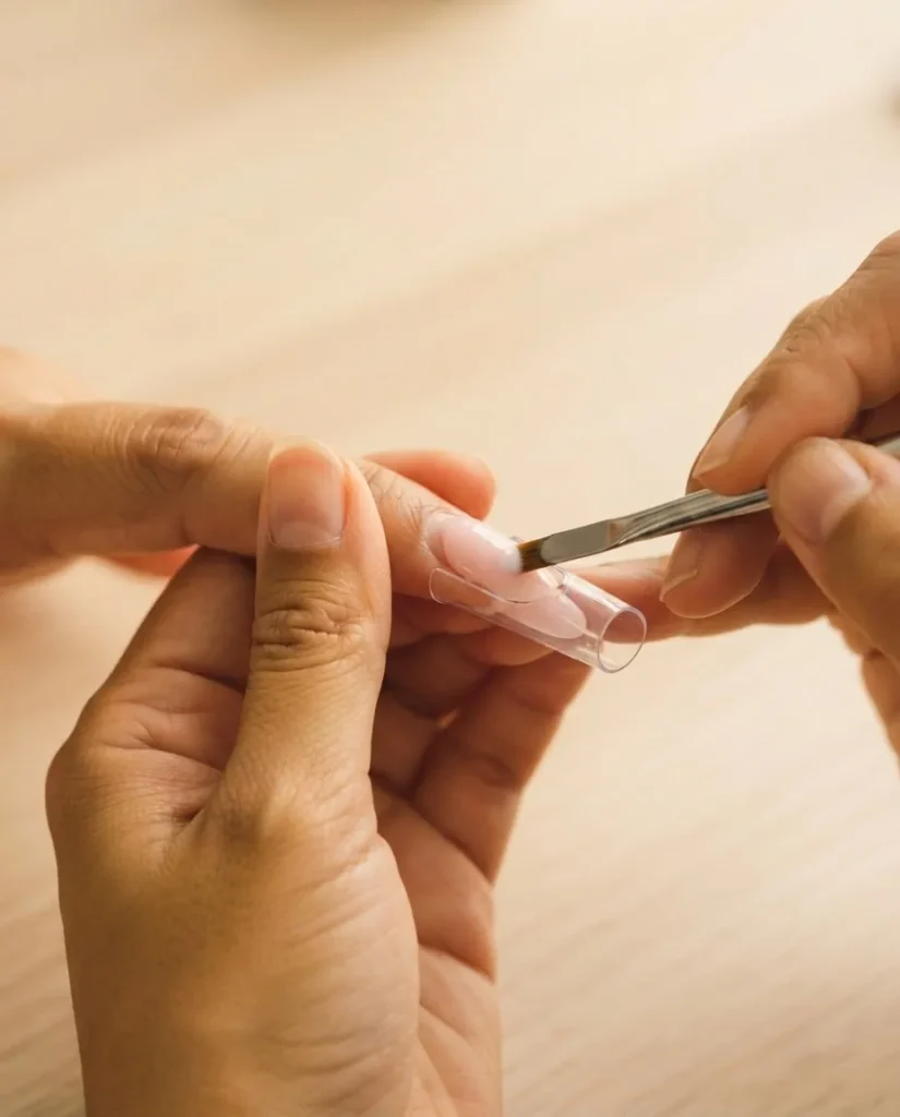 Macro close-up of a dual form filled with creamy white polygel being pressed onto a natural nail with a spatula brush in hand, showing correct stress point placement before curing.