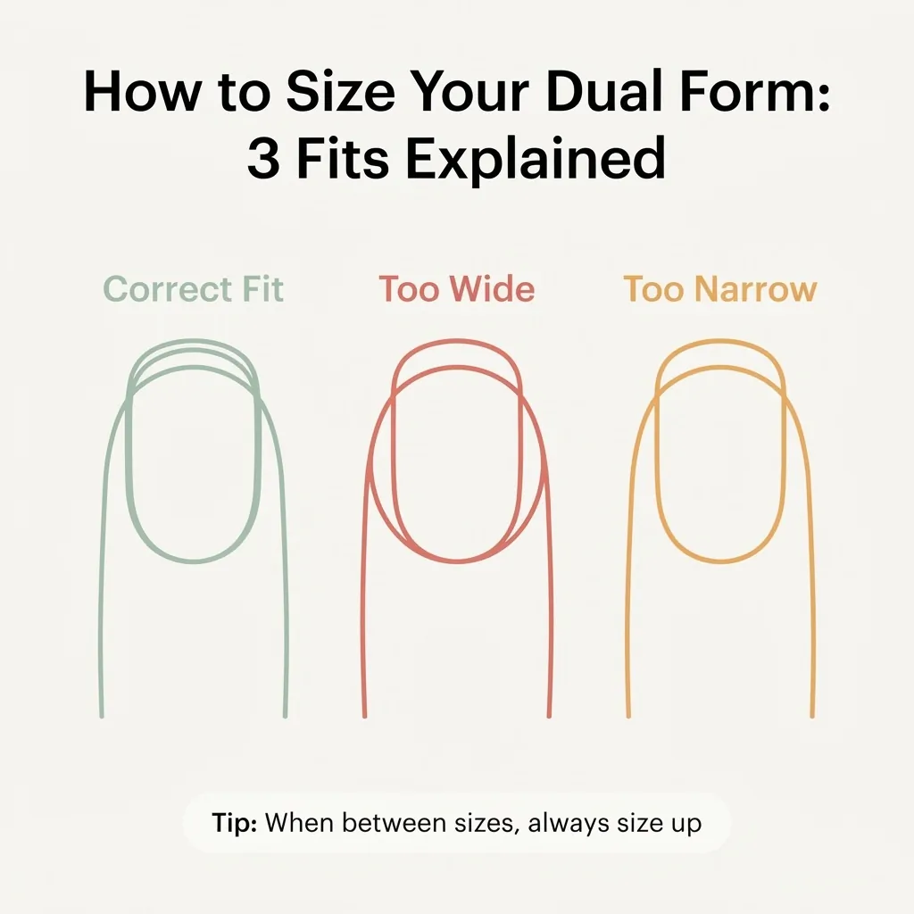 Flat minimalist diagram showing three dual form fit examples labeled correct fit, too wide, and too narrow against a nail plate outline, with brief labels explaining each result.