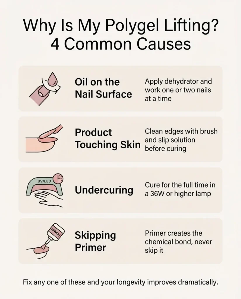 Flat minimalist infographic showing four common causes of polygel lifting including oil on nail, product touching skin, undercuring, and skipping primer, with simple icons and fix tips.