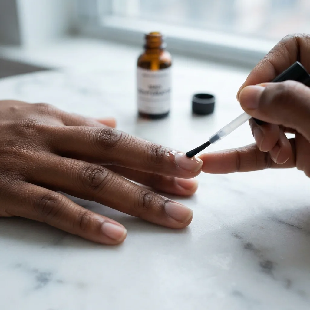 Close-up of a hand with natural unpainted nails during nail prep for polygel, showing a small brush applying clear nail dehydrator to a buffed natural nail surface on a white surface.