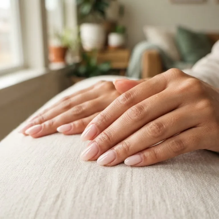 Close-up of finished polygel nail extensions on natural-looking hands showing smooth almond-shaped nails with a soft sheer pink finish, in warm home window light.