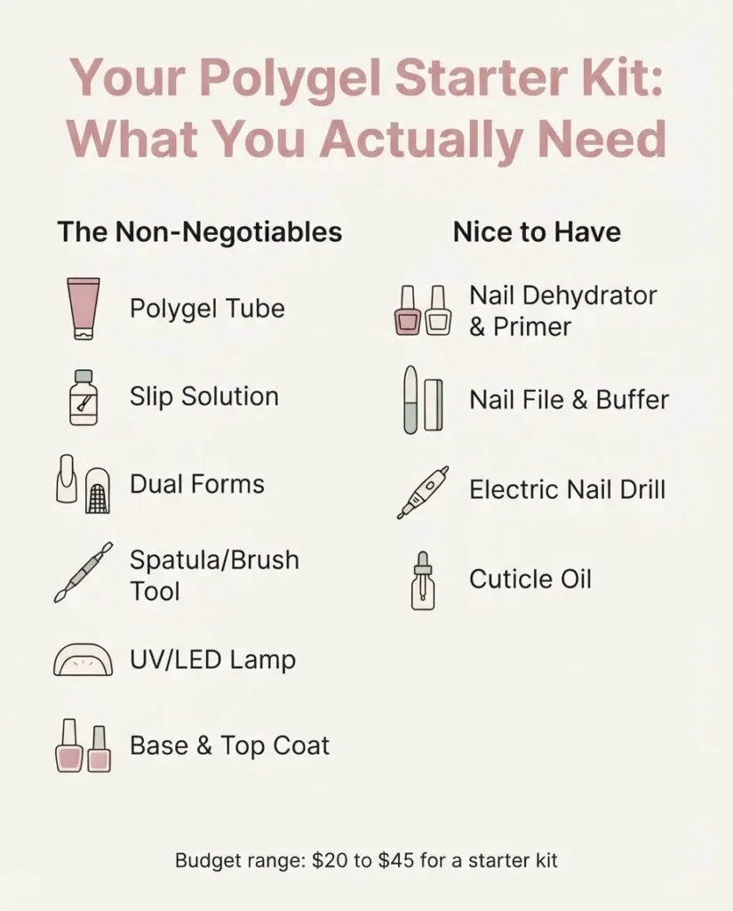 Flat-lay infographic checklist of beginner polygel nail supplies including polygel tube, dual forms, LED lamp, slip solution, nail file, buffer, dehydrator, primer, base coat, and top coat with labels.