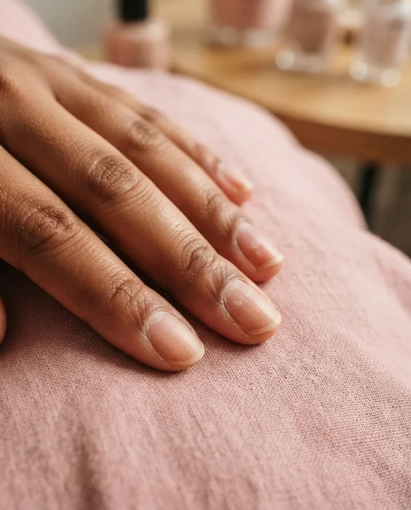 Close-up of natural nails showing thin and slightly ridged nail plates after gel polish removal on a hand with medium-deep skin tone, honest real-world nail condition, soft warm vanity lighting.