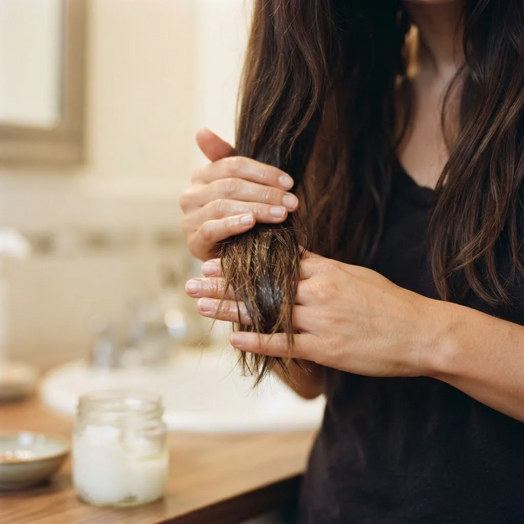 A close-up of a woman's hands applying coconut oil to long dark dry hair sections before washing showing the pre-shampoo oil treatment technique.