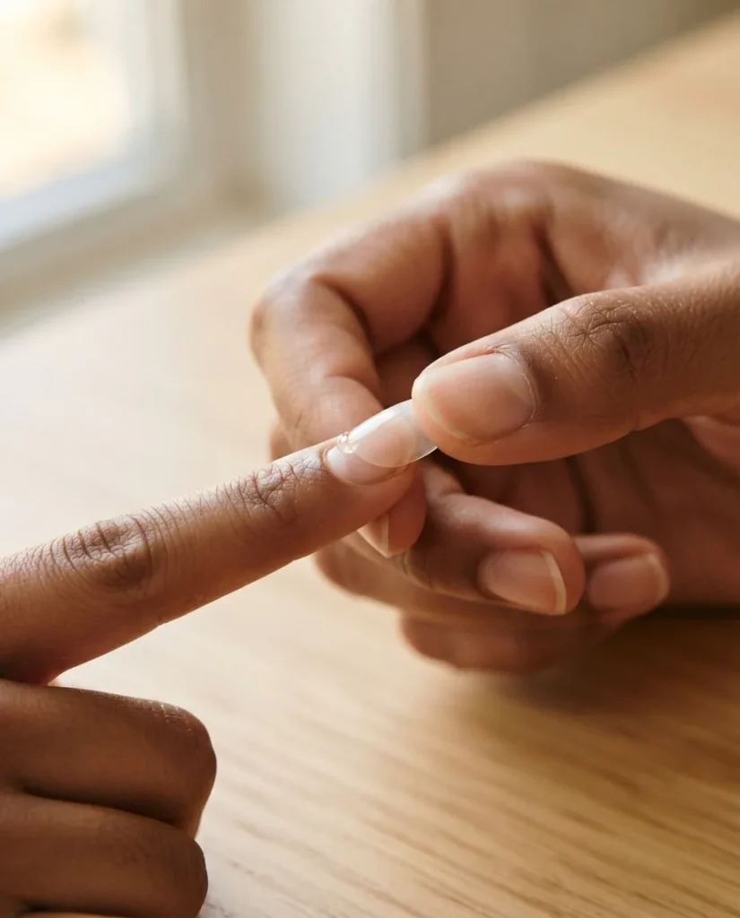 Close-up of hands demonstrating the 45-degree angle press-on nail application technique, showing the cuticle edge being seated first against a natural nail on a light wooden surface.