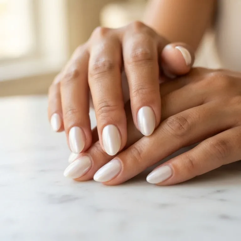 Close-up of freshly applied press-on nails in a soft milky glazed finish on medium-tan hands resting on a white marble surface, showing a clean cuticle line and glossy salon-quality result.