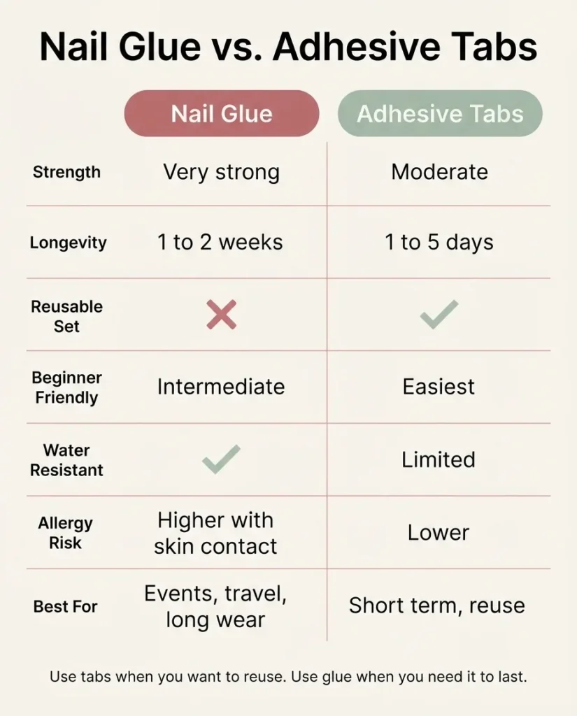 Flat vector side-by-side comparison chart contrasting nail glue and adhesive tabs for press-on nails across categories including strength, longevity, reusability, and beginner friendliness.