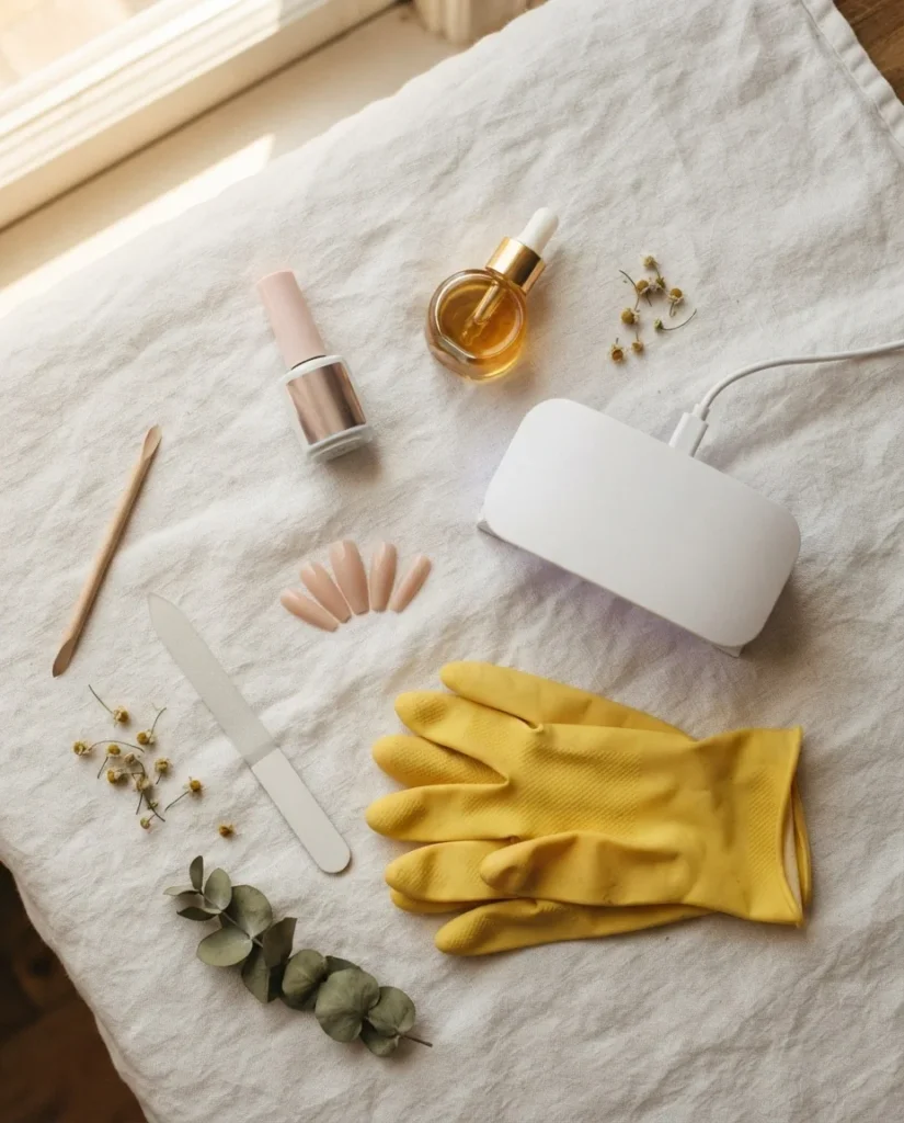 Flat lay of press-on nail maintenance tools including a bottle of gel top coat, rubber dish gloves, cuticle oil, and a small LED lamp arranged on a soft white linen surface with warm natural light.