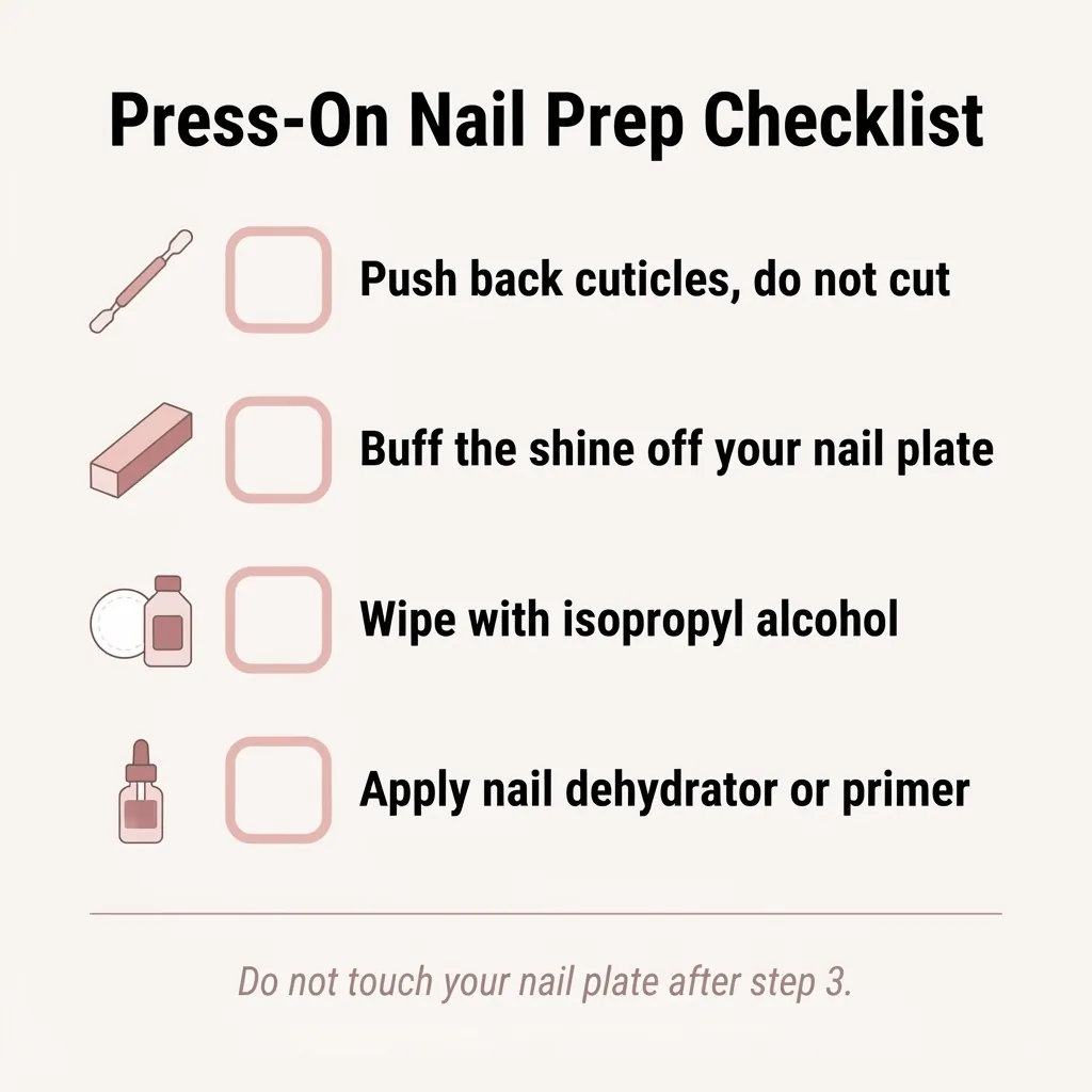 Minimalist flat infographic checklist showing the four press-on nail prep steps including cuticle pushing, buffing, alcohol wipe, and dehydrator with simple icons and tick boxes.