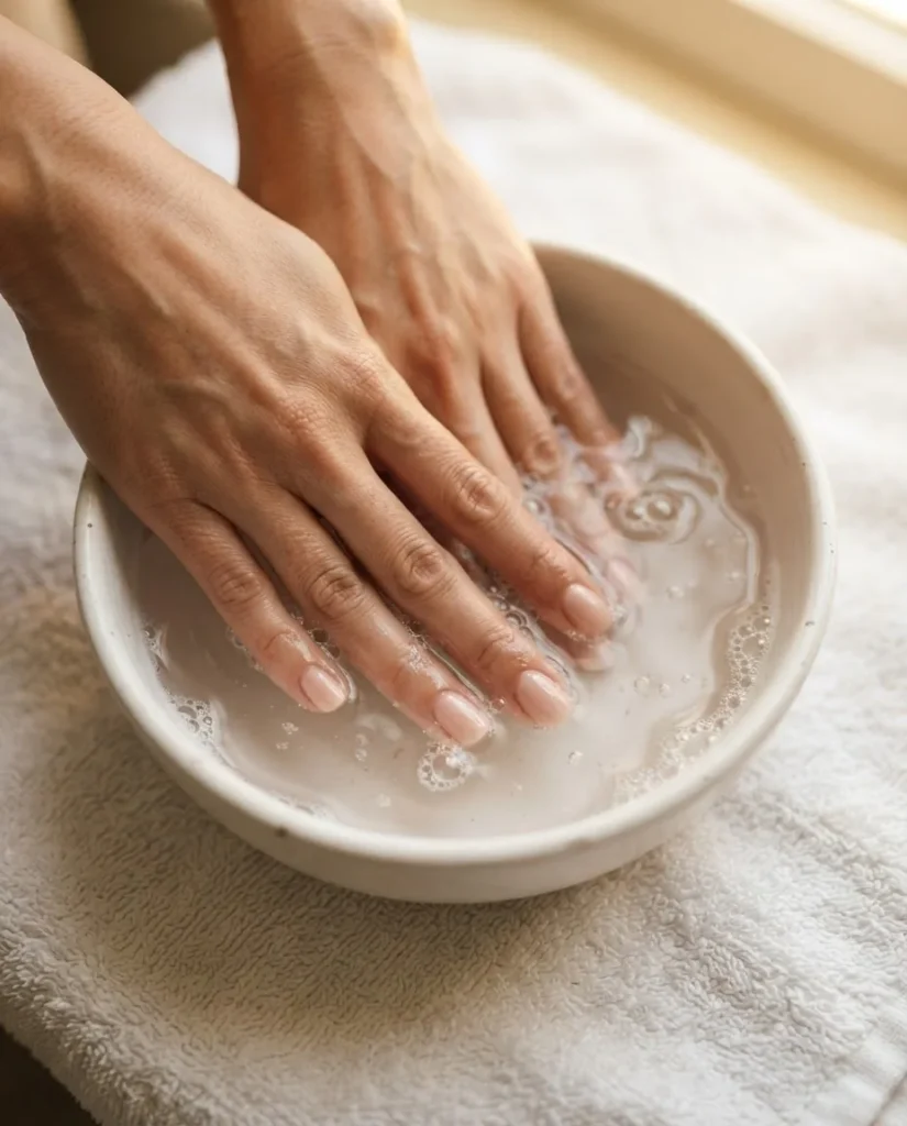 Close-up of hands with press-on nails soaking in a small ceramic bowl of warm soapy water for safe damage-free removal, photographed from above on a soft terrycloth towel.