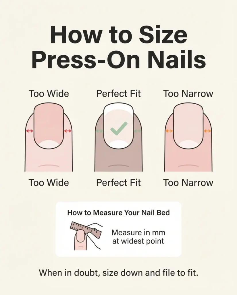 Flat infographic diagram showing how to measure nail bed width in millimeters for press-on nail sizing, comparing too-wide, correct fit, and too-narrow placements with labeled arrows.