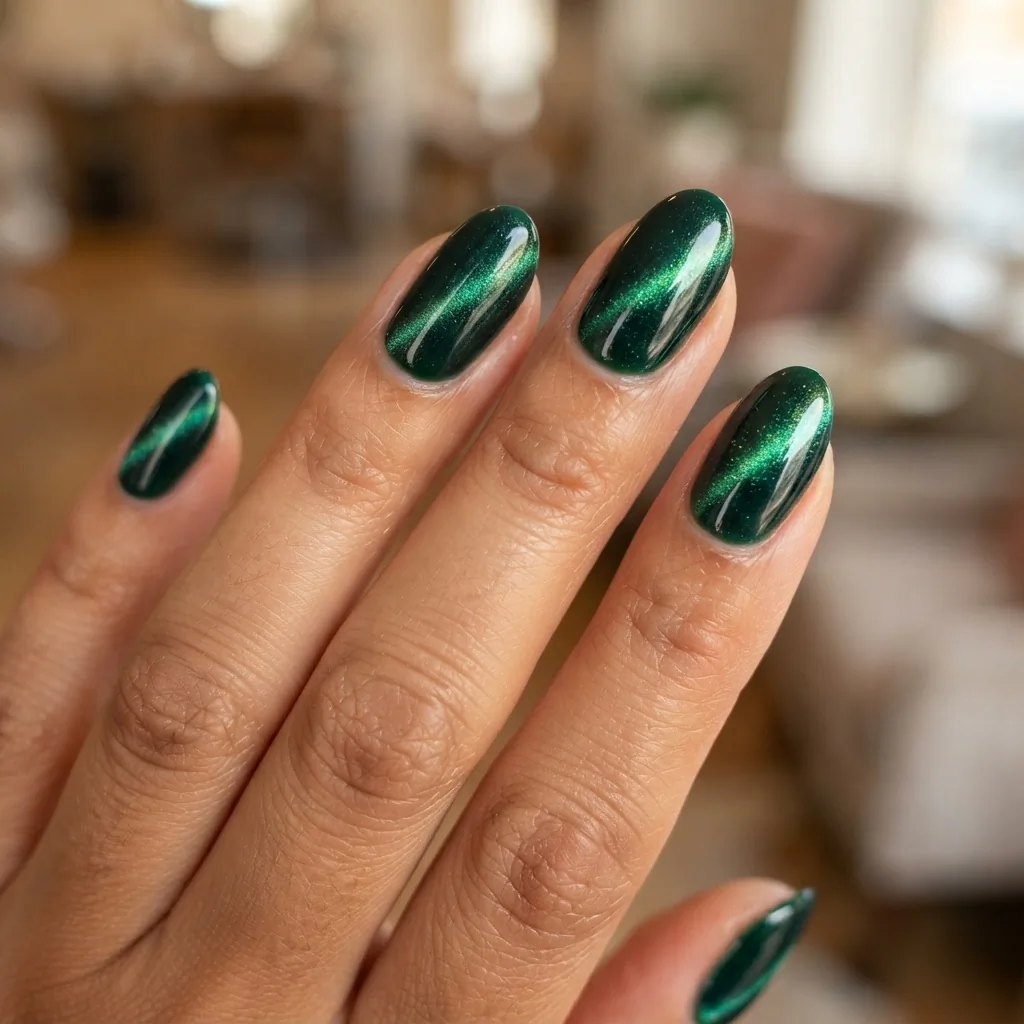 Macro close-up of cat-eye magnetic gel prom nails on a medium-toned hand showing a deep emerald dimensional magnetic stripe effect under warm studio light.