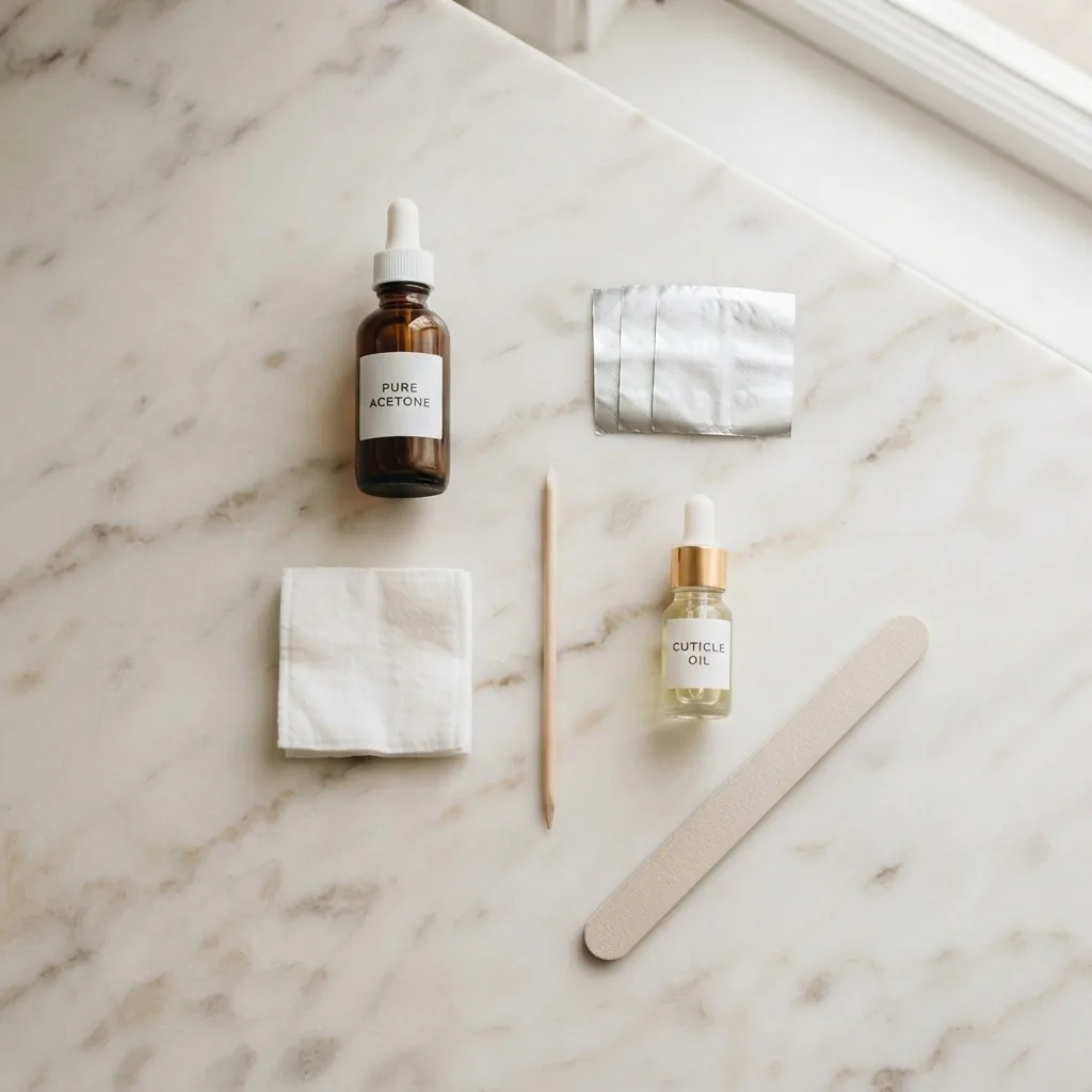 Flat lay of at-home gel nail removal supplies including acetone bottle, cotton pads, nail foil wraps, an orange stick, and cuticle oil on a clean white surface.