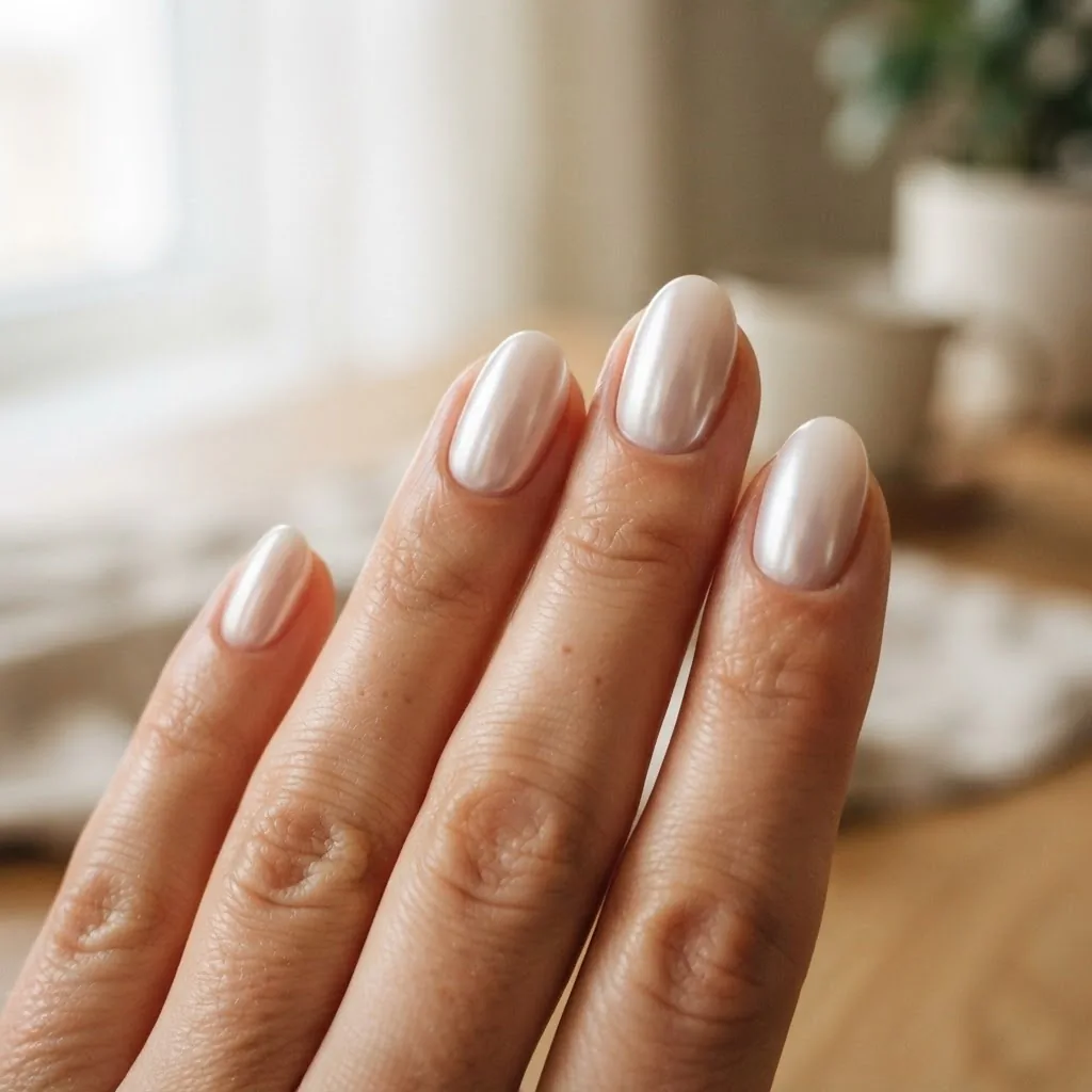 Close-up of glazed donut chrome prom nails on a natural hand showing a sheer pearlescent mirror shimmer finish over a milky nude base in soft natural light.
