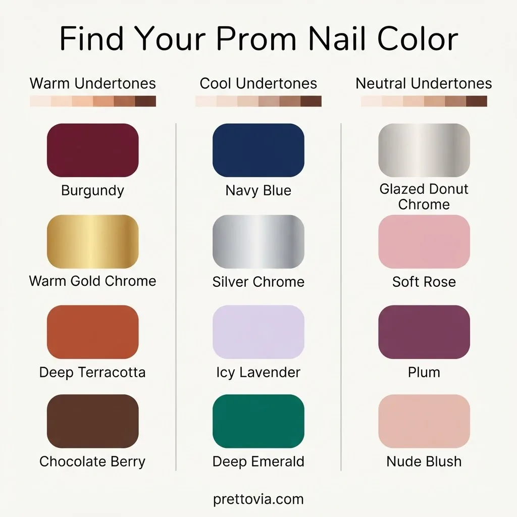Flat vector color pairing chart matching prom nail jewel tones including burgundy, navy, emerald, and berry to warm cool and neutral skin undertones with labeled swatches.