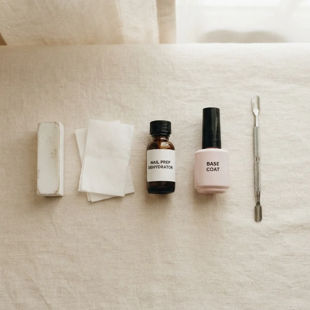 Flat lay of nail prep tools including a fine grit buffer, lint-free pad, nail dehydrator, base coat bottle, and cuticle pusher arranged on a white surface for prom nail preparation.