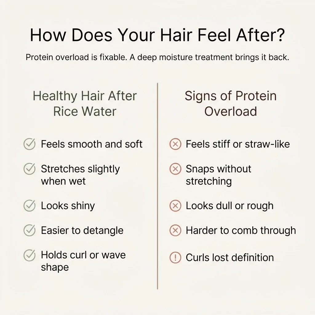 Side-by-side flat vector checklist comparing healthy hair signs versus protein overload signs after using a rice water rinse, with simple icons and clear labels.