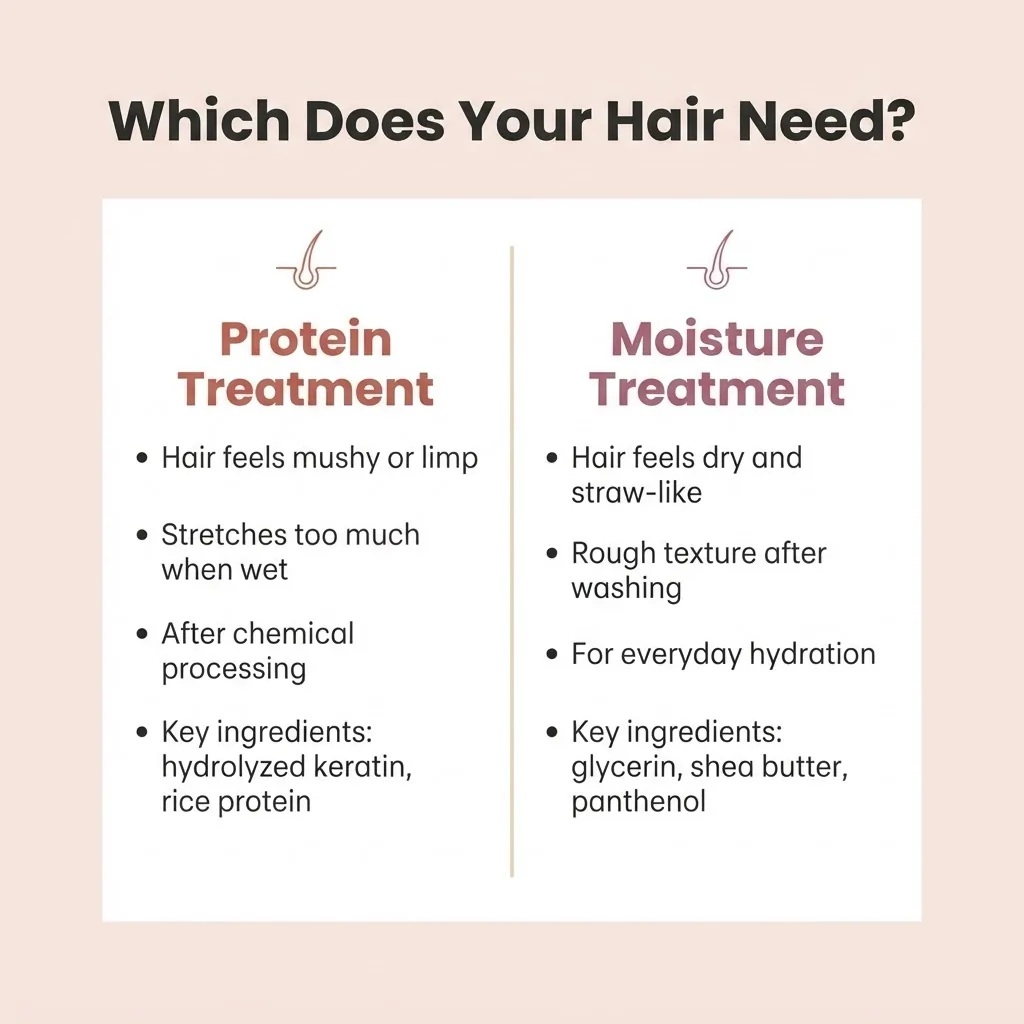 Flat vector infographic comparing protein deep conditioner versus moisture deep conditioner for dry hair, showing hair symptoms, key ingredients, and when to use each type.