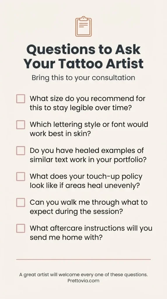 Vertical flat vector checklist infographic titled Questions to Ask Your Tattoo Artist with six labeled items covering sizing, font, healing, touch-ups, licensing, and aftercare instructions.