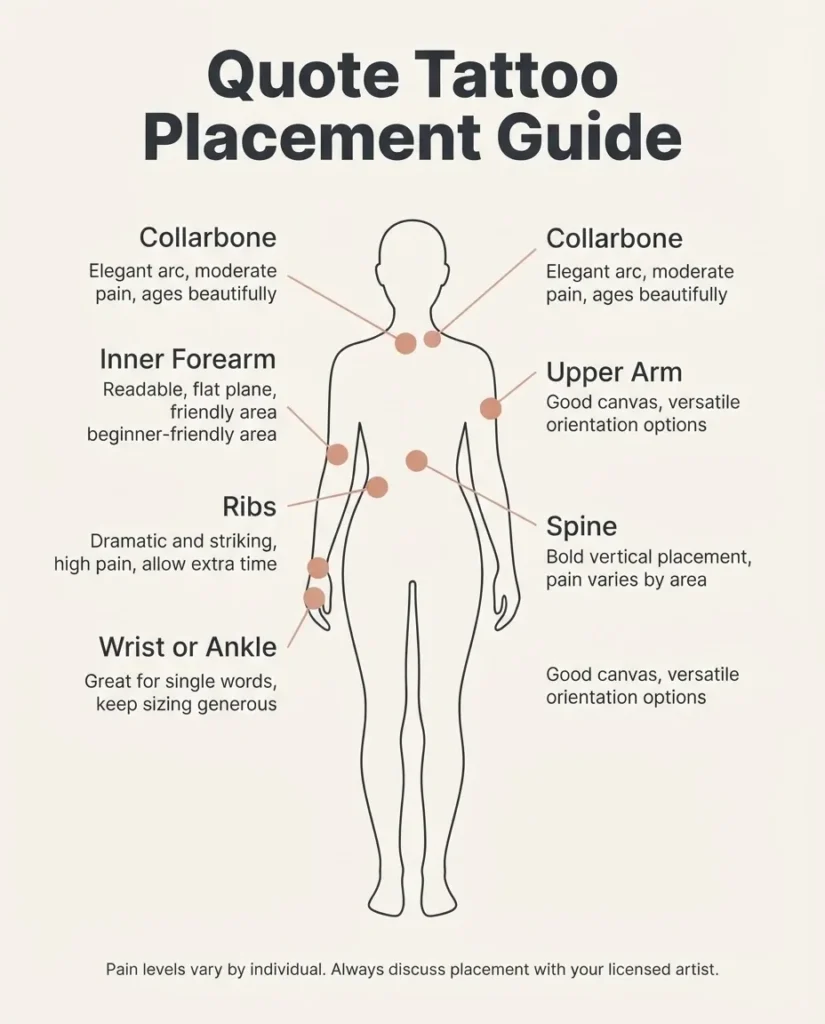 Flat vector body-map diagram showing recommended quote tattoo placement areas including collarbone, forearm, ribs, wrist, ankle, and spine with brief notes on each.