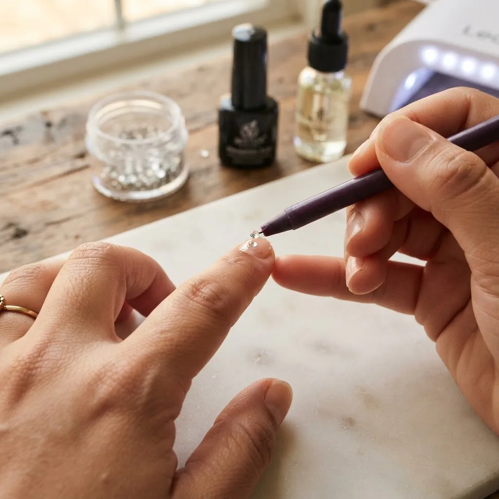 Close-up in-progress shot of rhinestone gel adhesive bead being placed on a nude gel nail with a wax pencil picking up a small crystal stone ready for placement on a bridal nail.