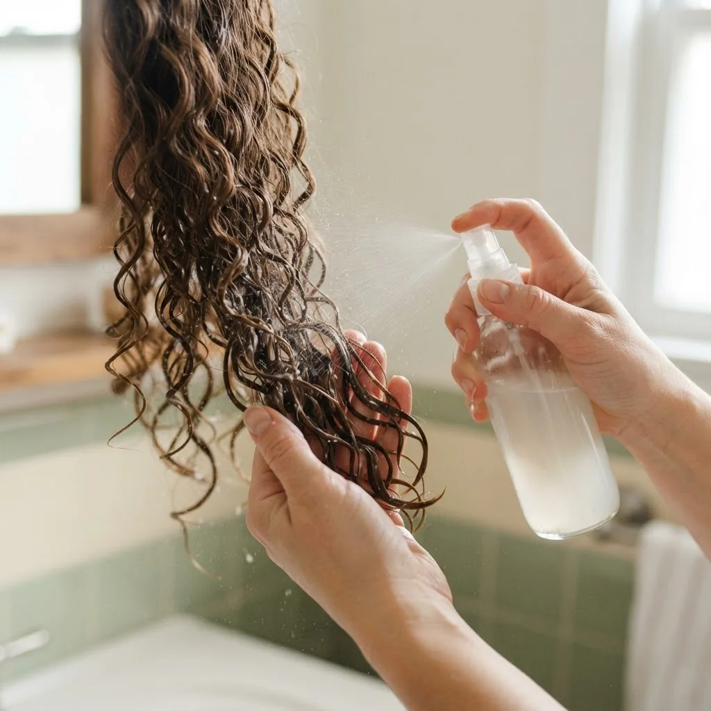Close-up of hands using a fine-mist spray bottle to apply rice water to the wet lengths of dark curly hair in a bathroom setting.
