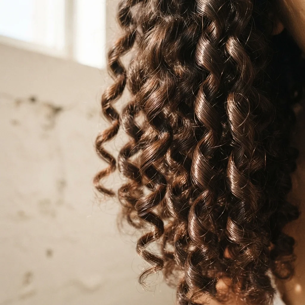 Close-up of smooth, shiny coily hair ends with visible light reflection and healthy texture after a rice water conditioning treatment.