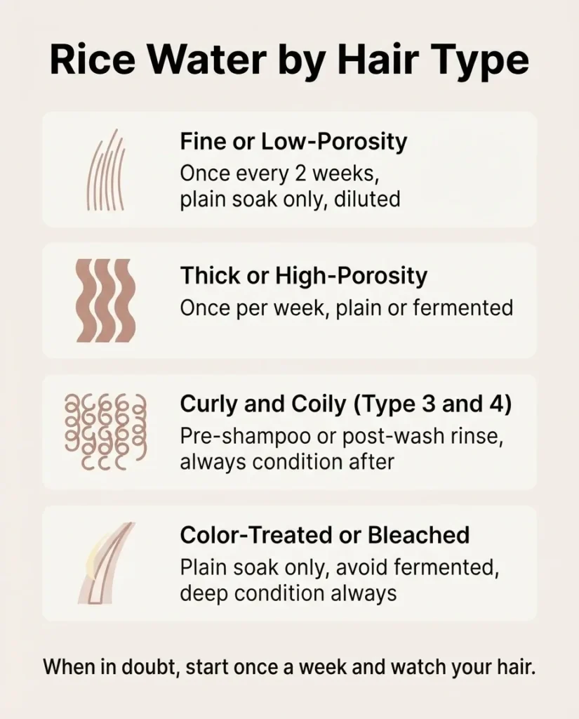 Flat vector guide showing rice water usage tips for fine, thick, curly, and color-treated hair types with frequency and dilution recommendations.