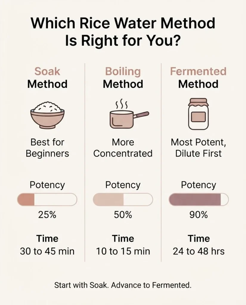 Flat vector infographic comparing the soak, boil, and ferment methods for making rice water for hair, with potency level and beginner suitability labels.