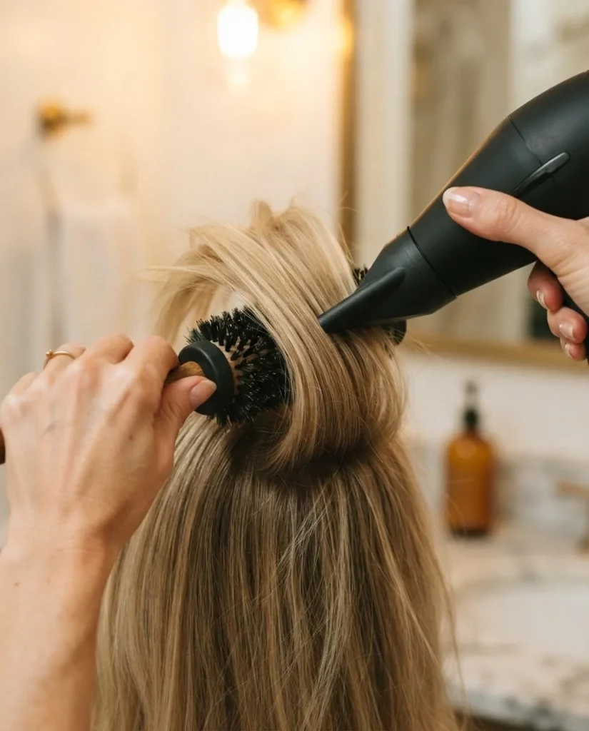 A close-up technique shot of a woman's hands using a round brush and blow dryer on a section of thin blonde hair lifted away from the scalp to demonstrate the root-lift blow dry method.