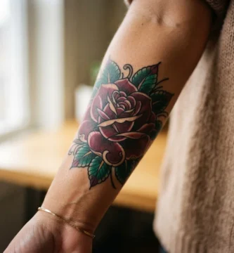 A beautifully healed neo-traditional rose tattoo on a woman's forearm, showing rich jewel-toned petals, bold outlines, and lush green leaves against warm skin in soft natural light.