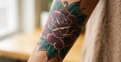 A beautifully healed neo-traditional rose tattoo on a woman's forearm, showing rich jewel-toned petals, bold outlines, and lush green leaves against warm skin in soft natural light.