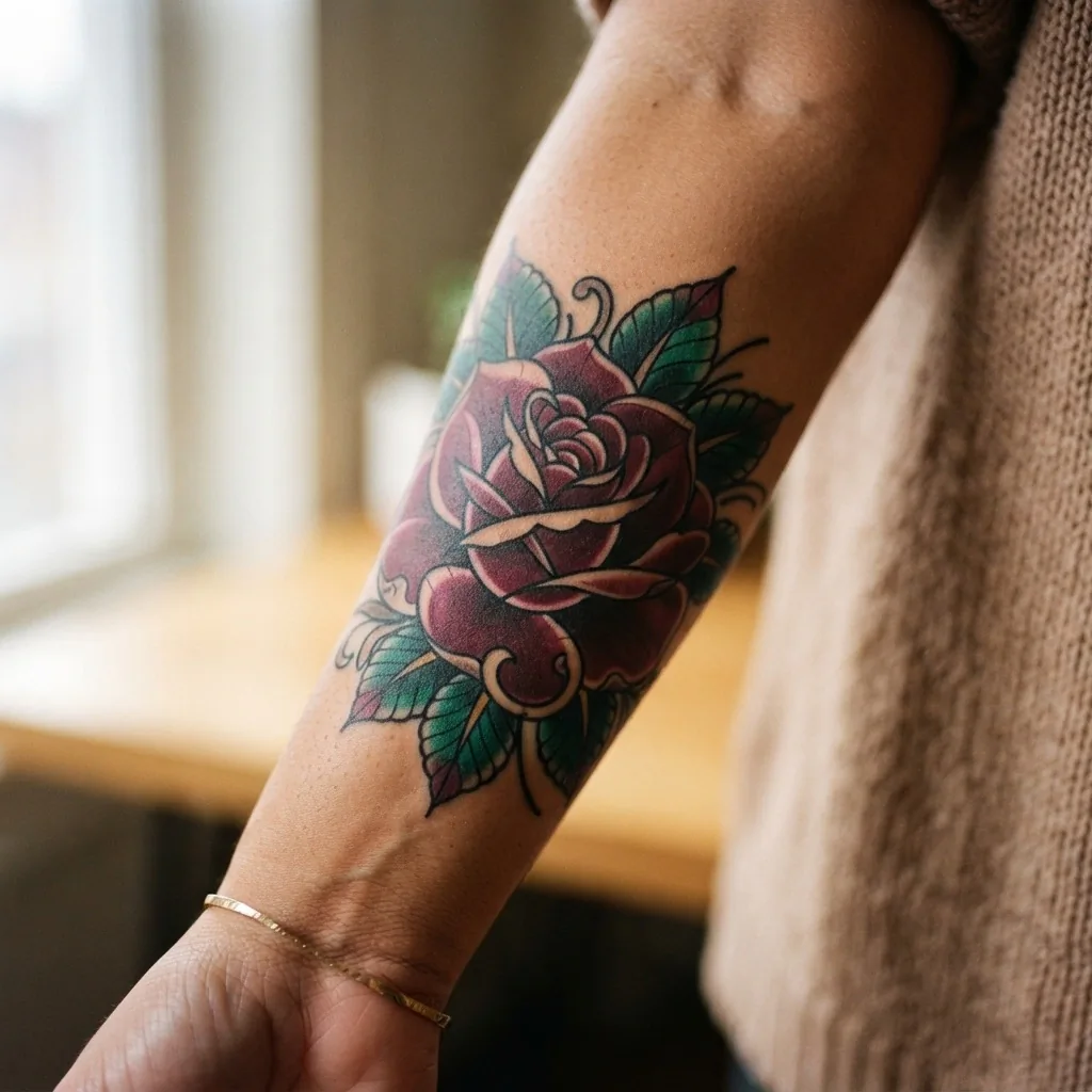 A beautifully healed neo-traditional rose tattoo on a woman's forearm, showing rich jewel-toned petals, bold outlines, and lush green leaves against warm skin in soft natural light.