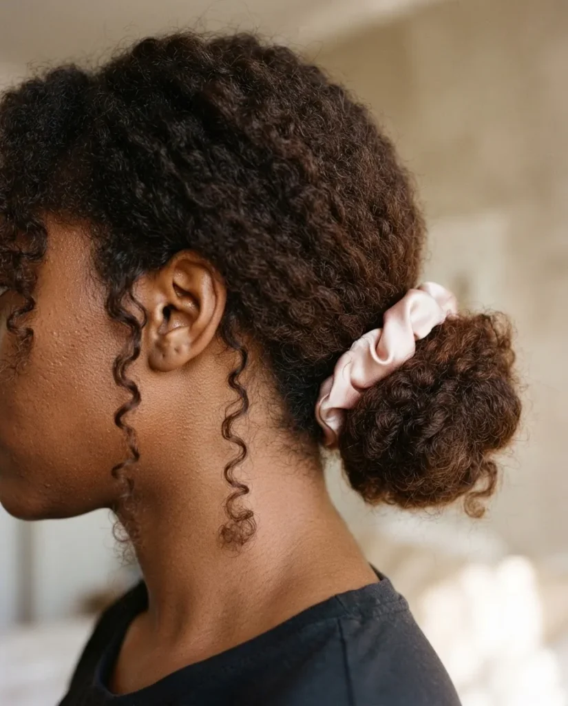 Side profile close-up of a woman with curly natural hair styled in a loose low bun secured with a soft satin scrunchie against a warm neutral background.