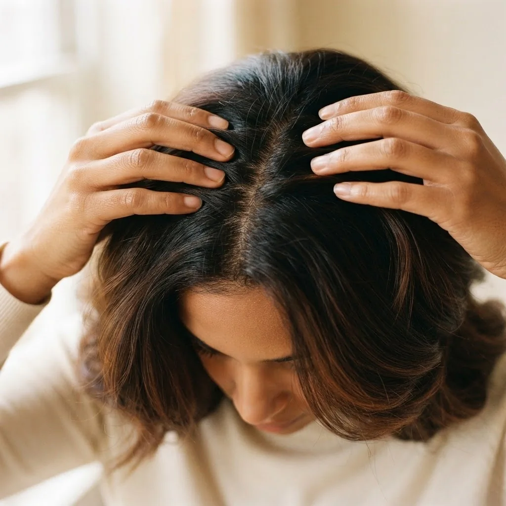 A close-up of a woman with thick glossy dark hair gently parting her hair to reveal a healthy scalp under soft natural window light.
